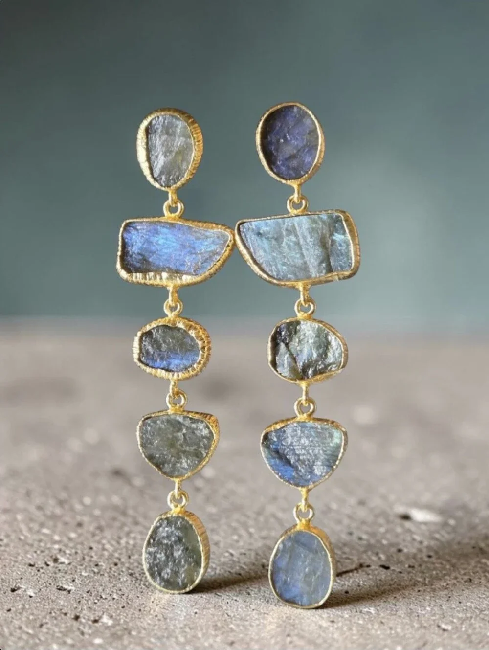 22k Gold Plated Fabulous Genuine Raw Labradorite Stone Crystal Dangle Earrings